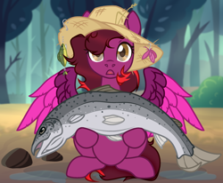 Size: 2496x2054 | Tagged: safe, artist:pritonarts, imported from derpibooru, oc, oc:cassandra carat, fish, pegasus, pony, female, fishing hat, fishing lure, hat, mare, pegasus oc, solo, story included, surprised, trout