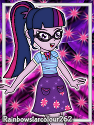 Size: 768x1024 | Tagged: safe, artist:rainbowstarcolour262, imported from derpibooru, part of a set, sci-twi, twilight sparkle, human, series:equ wallpapers, equestria girls, equestria girls series, :d, abstract background, clothes, cute, cutie mark background, cutie mark on clothes, female, geode of telekinesis, glasses, happy, magical geodes, open mouth, open smile, part of a series, ponytail, shirt, signature, skirt, smiling, solo, twiabetes