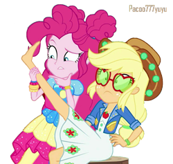 Size: 1096x1040 | Tagged: safe, edit, edited screencap, imported from derpibooru, screencap, applejack, pinkie pie, equestria girls, equestria girls series, sunset's backstage pass!, spoiler:eqg series (season 2), apple, background removed, barefoot, curious, cute, duo, duo female, feet, feet up, female, fetish, food, foot fetish, foot focus, legs, music festival outfit, simple background, transparent background