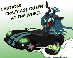Size: 3509x2800 | Tagged: safe, artist:sparkfler85, imported from derpibooru, queen chrysalis, changeling, changeling queen, car, derp, dodge (car), dodge viper, driving, faic, female, gradient background, rat fink, solo, text, vehicle, vulgar