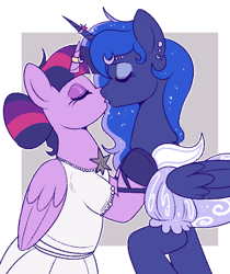 Size: 566x674 | Tagged: safe, artist:lulubell, imported from derpibooru, princess luna, twilight sparkle, alicorn, pony, clothes, dress, female, imminent kissing, jewelry, kissing, lesbian, lesbian wedding, marriage, redraw, ring, shipping, twilight sparkle (alicorn), twiluna, wedding, wedding dress, wedding ring