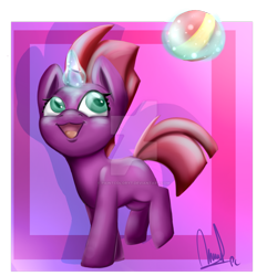 Size: 1024x1061 | Tagged: safe, artist:paintcoloryt, imported from derpibooru, fizzlepop berrytwist, tempest shadow, pony, unicorn, broken horn, cute, deviantart watermark, female, filly, filly tempest shadow, foal, glowing, glowing horn, horn, looking up, magic, obtrusive watermark, open mouth, signature, solo, tempestbetes, watermark, younger