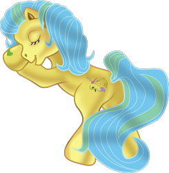 Size: 5641x5754 | Tagged: safe, artist:lincolnbrewsterfan, artist:robbin cuddy, artist:thompson brothers, imported from derpibooru, meadowbrook (g3), dragonfly, earth pony, insect, pony, .svg available, 2004, 2023, anniversary, artist interpretation, bipedal, bipedal leaning, eyes closed, female, flower, g3, i can't believe it's not hasbro studios, leaning, leaves, mare, my little pony: hide-and-seek, open mouth, praying, scene interpretation, simple background, solo, special, standing, svg, tail, transparent background, two toned mane, two toned tail, vector, vector trace