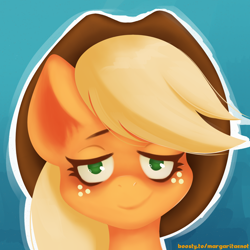 Size: 2000x2000 | Tagged: safe, artist:margaritaenot, imported from derpibooru, applejack, earth pony, pony, blue background, bust, gradient background, hat, portrait, simple background, solo