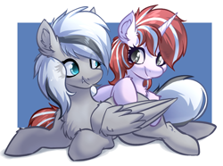 Size: 2404x1784 | Tagged: safe, artist:witchtaunter, imported from derpibooru, oc, oc only, oc:silver edge, pegasus, pony, unicorn, chest fluff, cuddling, cute, ear fluff, fangs, looking at each other, looking at someone, simple background