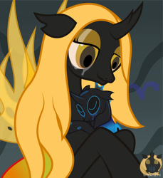 Size: 1260x1374 | Tagged: safe, artist:wheatley r.h., derpibooru exclusive, imported from derpibooru, oc, oc only, oc:reina nekchiua, oc:w. rhinestone eyes, changeling, changeling queen, bat wings, blue changeling, changeling oc, crying, female, happy, honeypot changeling, hug, male, mare, mother and child, mother and son, mother's day, size difference, stallion, tears of joy, vector, watermark, wings, yellow changeling