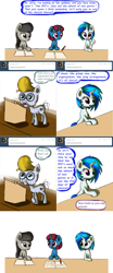 Size: 1400x3352 | Tagged: safe, artist:esuka, imported from derpibooru, dj pon-3, mr. waddle, octavia melody, vinyl scratch, oc, earth pony, pony, unicorn, ask-canterlot-musicians, glasses, magic, wig