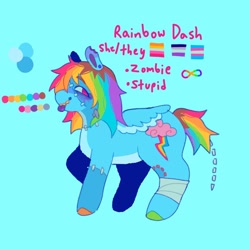 Size: 1440x1440 | Tagged: safe, artist:ariariari.png, imported from derpibooru, rainbow dash, pegasus, pony, undead, zombie, zombie pony, alternate cutie mark, alternate universe, asexual, asexual pride flag, bandage, bandaged leg, bone, colored hooves, female, lesbian, lesbian pride flag, minecraft, neurodivergent, pride, pride flag, pronouns, reference sheet, solo, stitches, transgender, transgender pride flag