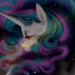 Size: 1685x1688 | Tagged: safe, artist:frowoppy, imported from derpibooru, princess celestia, alicorn, pony, bust, lidded eyes, portrait, profile, sad, solo, stars