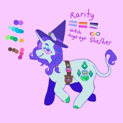 Size: 1440x1440 | Tagged: safe, artist:ariariari.png, imported from derpibooru, rarity, pony, unicorn, alternate cutie mark, alternate universe, asexual, asexual pride flag, bag, colored hooves, female, hat, leonine tail, lesbian, lesbian pride flag, minecraft, neurodivergent, pouch, pride, pride flag, pronouns, reference sheet, solo, tail, transgender, transgender pride flag, witch, witch hat