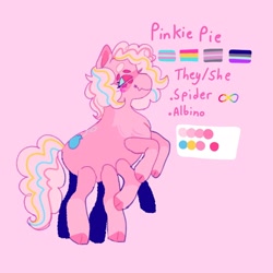 Size: 1440x1440 | Tagged: safe, artist:ariariari.png, imported from derpibooru, pinkie pie, monster pony, original species, pony, spiderpony, albino, alternate universe, asexual, asexual pride flag, demigirl, demigirl pride flag, minecraft, multiple eyes, multiple legs, multiple limbs, neurodivergent, pansexual, pansexual pride flag, pride, pride flag, pronouns, reference sheet, solo, transgender, transgender pride flag