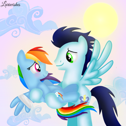 Size: 1400x1400 | Tagged: safe, artist:mlplary6, imported from derpibooru, rainbow dash, soarin', pegasus, pony, bandage, bandaged wing, blushing, carrying, cloud, female, flying, injured wing, looking at each other, looking at someone, male, mare, romantic, shipping, sky, smiling, smiling at each other, soarindash, stallion, straight, sun, wings