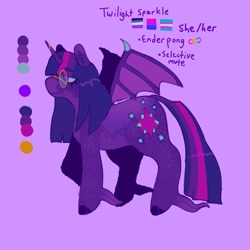 Size: 1440x1440 | Tagged: safe, artist:ariariari.png, imported from derpibooru, twilight sparkle, enderman, enderpony, pony, alternate universe, asexual, asexual pride flag, bat wings, bisexual pride flag, bisexuality, endermare, glasses, minecraft, neurodivergent, ponified, pride, pride flag, reference sheet, solo, transgender, transgender pride flag, unshorn fetlocks, wings