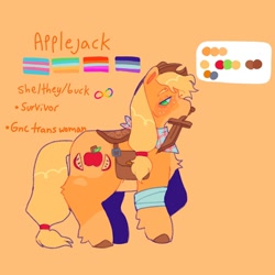 Size: 1440x1440 | Tagged: safe, artist:ariariari.png, imported from derpibooru, applejack, earth pony, pony, alternate cutie mark, alternate universe, asexual, asexual pride flag, bag, bandage, bandaged leg, bandana, cowboy hat, female, hat, lesbian, lesbian pride flag, minecraft, neopronouns, pride, pride flag, pronouns, reference sheet, saddle, solo, tack, transgender, transgender pride flag, wooden sword