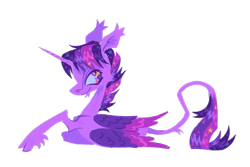Size: 1280x855 | Tagged: safe, artist:webkinzworldz, imported from derpibooru, twilight sparkle, alicorn, pony, alternate hairstyle, cloven hooves, ethereal mane, leonine tail, lying down, redraw, simple background, solo, starry eyes, starry mane, tail, transparent background, twilight sparkle (alicorn), unshorn fetlocks, wingding eyes
