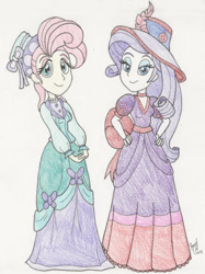 Size: 1048x1400 | Tagged: safe, artist:bageloftime, imported from derpibooru, fluttershy, rarity, human, equestria girls, clothes, dress, duo, gown, long dress, long skirt, skirt, traditional art, western