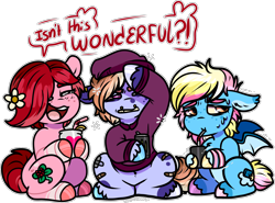 Size: 1902x1406 | Tagged: safe, artist:sexygoatgod, imported from derpibooru, oc, oc only, oc:dozy daisy, oc:hot rod, oc:rosie posie, bat pony, earth pony, pony, bandaid, beanie, chibi, clothes, drink, drinking, drinking straw, female, flower, flower in hair, hat, hoodie, male, mare, piercing, pride flag, simple background, stallion, transgender, transparent background, unshorn fetlocks