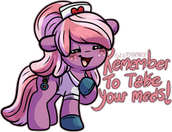 Size: 1643x1260 | Tagged: safe, artist:sexygoatgod, imported from derpibooru, oc, oc only, oc:bedside cheer, earth pony, chibi, clothes, female, gloves, latex, latex gloves, mare, nurse, nurse outfit, simple background, smiling, solo, transparent background