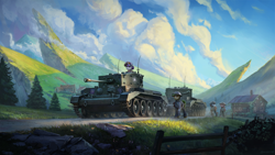 Size: 3840x2160 | Tagged: safe, artist:mrscroup, imported from derpibooru, oc, oc only, earth pony, pony, unicorn, equestria at war mod, building, cloud, cromwell, cromwell tank, detailed background, fence, flower, grass, gun, helmet, high res, house, mountain, rock, scenery, scenery porn, soldier, soldier pony, tank (vehicle), tree, valley, weapon