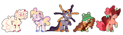 Size: 3990x1153 | Tagged: safe, artist:destinybluez, artist:selenaede, imported from derpibooru, oc, oc only, oc:limelight rivet, oc:milky way (destinybluez), oc:rocky road, oc:spider cookie, oc:sugar cookie, earth pony, pegasus, pony, unicorn, apron, base used, chest fluff, clothes, cloven hooves, female, hat, male, mare, offspring, parent:cheese sandwich, parent:pinkie pie, parents:cheesepie, siblings, simple background, spiked wristband, stallion, white background, wristband