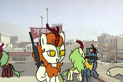 Size: 700x467 | Tagged: safe, artist:omelettepony, imported from derpibooru, autumn blaze, cinder glow, spring glow, summer flare, winter flame, kirin, pony, drawthread, female, gun, hoof hold, korean, male, mare, meme, offscreen character, ponified, ponified meme, ponybooru import, rifle, sitting, smiling, stallion, sunglasses, weapon