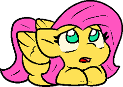Size: 311x220 | Tagged: safe, alternate version, artist:zutcha, imported from derpibooru, fluttershy, pegasus, pony, alternate character, cute, female, frown, looking up, lying down, mare, open mouth, ponyloaf, prone, shyabetes, simple background, solo, transparent background