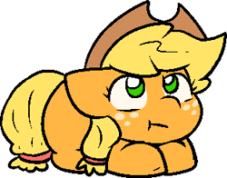 Size: 313x245 | Tagged: safe, alternate version, artist:zutcha, imported from derpibooru, applejack, earth pony, pony, :t, alternate character, cute, female, jackabetes, looking up, lying down, mare, ponyloaf, prone, simple background, solo, transparent background