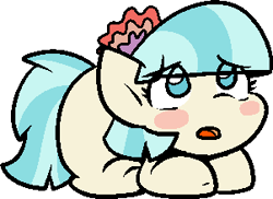 Size: 301x219 | Tagged: safe, alternate version, artist:zutcha, imported from derpibooru, coco pommel, earth pony, pony, alternate character, blush sticker, blushing, cocobetes, cute, female, looking up, lying down, mare, open mouth, ponyloaf, prone, simple background, solo, transparent background