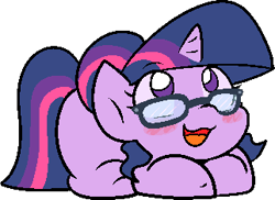 Size: 322x235 | Tagged: safe, alternate version, artist:zutcha, imported from derpibooru, sci-twi, twilight sparkle, pony, unicorn, alternate character, blush sticker, blushing, equestria girls ponified, female, lying down, mare, open mouth, open smile, ponyloaf, prone, simple background, smiling, solo, transparent background, unicorn sci-twi