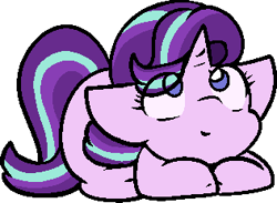 Size: 316x231 | Tagged: safe, alternate version, artist:zutcha, imported from derpibooru, starlight glimmer, pony, unicorn, alternate character, cute, eye clipping through hair, female, glimmerbetes, looking up, lying down, mare, ponyloaf, prone, simple background, smiling, solo, transparent background