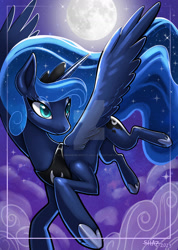 Size: 1280x1793 | Tagged: safe, artist:commander-booty-call, imported from derpibooru, princess luna, alicorn, pony, cloud, deviantart watermark, female, flying, full moon, mare, moon, night, obtrusive watermark, signature, sky, solo, stars, watermark