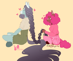 Size: 808x672 | Tagged: safe, artist:spookierdeer, imported from derpibooru, oc, oc only, anthro, earth pony, unguligrade anthro, braid, braiding, eyes closed, female, floating heart, frog (hoof), heart, lesbian, long hair, long tail, mare, shipping, simple background, sitting, tail, underhoof, yellow background