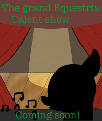 Size: 1600x1900 | Tagged: safe, artist:the crystal artist, derpibooru exclusive, imported from derpibooru, pony, series:the grand equestria talent show, announcement, beginning, coming soon, contest, context in description, curtains, idea, music notes, open mouth, planning, poster, series, solo, spotlight, stage, stillhoutte, talent show, text