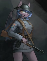 Size: 695x900 | Tagged: safe, artist:blvckmagic, imported from derpibooru, anthro, bat pony, clothes, female, foxhole(game), gun, helmet, mare, military, military uniform, rifle, solo, uniform, weapon