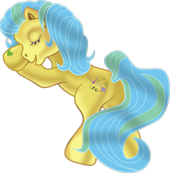 Size: 6018x6138 | Tagged: safe, artist:lincolnbrewsterfan, artist:robbin cuddy, artist:thompson brothers, imported from derpibooru, meadowbrook (g3), dragonfly, earth pony, insect, pony, .svg available, 2004, 2023, anniversary, artist interpretation, bipedal, bipedal leaning, eyes closed, female, flower, g3, leaning, leaves, mare, my little pony: hide-and-seek, open mouth, praying, scene interpretation, simple background, solo, special, standing, svg, tail, transparent background, two toned mane, two toned tail, vector, vector trace