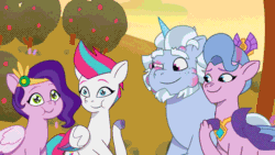 Size: 600x338 | Tagged: safe, imported from derpibooru, screencap, pipp petals, queen haven, zipp storm, pegasus, pony, unicorn, spoiler:g5, spoiler:my little pony: tell your tale, spoiler:tyts01e51, alphabittle blossomforth, alphahaven, amused, animated, cute, family, female, g5, gif, happy, hill, laughing, looking at each other, looking at someone, male, mare, mare family mare problems, my little pony: tell your tale, nodding, outdoors, royal sisters (g5), shipping, siblings, sisters, smiling, sparkly eyes, stallion, starry eyes, straight, sunset, swollen, tree, wingding eyes, youtube link