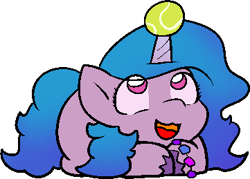 Size: 361x259 | Tagged: safe, alternate version, artist:zutcha, imported from derpibooru, izzy moonbow, pony, unicorn, alternate character, ball, cute, eye clipping through hair, female, g5, horn, hornball, izzy's tennis ball, izzybetes, looking up, lying down, mare, open mouth, open smile, ponyloaf, prone, simple background, smiling, solo, tennis ball, transparent background