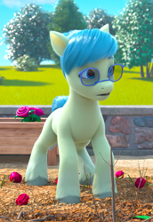 Size: 625x909 | Tagged: safe, imported from derpibooru, screencap, earth pony, pony, spoiler:my little pony: make your mark, spoiler:my little pony: make your mark chapter 2, spoiler:myms01e05, 3d, cropped, female, flower, g5, glasses, mare, my little pony: make your mark, my little pony: make your mark chapter 2, outdoors, seagreen, solo, the cutie mark mix-up, tree, unshorn fetlocks