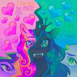 Size: 1440x1440 | Tagged: safe, artist:ariariari.png, imported from derpibooru, princess cadance, queen chrysalis, shining armor, twilight sparkle, changeling, changeling queen, pony, cats millionaire, crown, disguise, disguised changeling, heart, jewelry, looking at you, lyrics, regalia, song reference, text