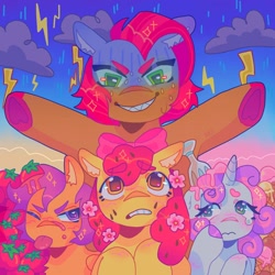 Size: 1440x1440 | Tagged: safe, artist:ariariari.png, imported from derpibooru, apple bloom, babs seed, scootaloo, sweetie belle, pony, crying, cutie mark crusaders, flower, flower in hair, food, group, ice cream, quartet, seeds, storm, sweat, sweatdrops, tomato, tomatoes
