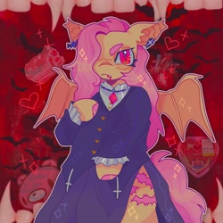 Size: 1440x1440 | Tagged: safe, artist:ariariari.png, imported from derpibooru, fluttershy, bat pony, pony, semi-anthro, bat ears, bat ponified, bat wings, clothes, colored, dress, ear piercing, flutterbat, fluttergoth, hair over one eye, jewelry, necklace, piercing, race swap, solo, wings