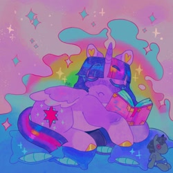 Size: 1440x1440 | Tagged: safe, artist:ariariari.png, imported from derpibooru, smarty pants, twilight sparkle, alicorn, pony, book, colored hooves, pillow, sleeping, solo, twilight sparkle (alicorn)