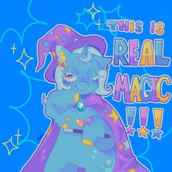 Size: 1440x1440 | Tagged: safe, artist:ariariari.png, imported from derpibooru, trixie, pony, unicorn, cape, clothes, ear piercing, hat, magic wand, one eye closed, piercing, solo, text, trixie's cape, trixie's hat, wink