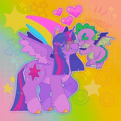 Size: 1440x1440 | Tagged: safe, artist:ariariari.png, imported from derpibooru, spike, twilight sparkle, alicorn, dragon, pony, colored hooves, duo, glasses, heart, nose to nose, spread wings, sun, teary eyes, twilight sparkle (alicorn), winged spike, wings