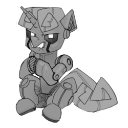 Size: 315x315 | Tagged: safe, artist:adobewtf, imported from derpibooru, sweetie belle, pony, robot, robot pony, digital art, evil grin, grin, metal, monochrome, simple background, smiling, solo, steel, sweetie bot, transparent background