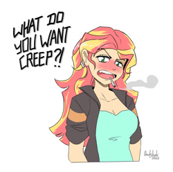 Size: 900x891 | Tagged: safe, artist:0ndshok, imported from derpibooru, sunset shimmer, human, equestria girls, blushing, breasts, busty sunset shimmer, cigarette, cleavage, female, simple background, smoking, solo, talking to viewer, white background