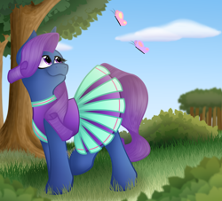 Size: 3300x3000 | Tagged: safe, artist:feather_bloom, imported from derpibooru, oc, oc only, oc:lizzy bluebelle, butterfly, pony, unicorn, cheerleader, cheerleader outfit, clothes, commission, detailed, detailed background, shading, skirt, solo, tree