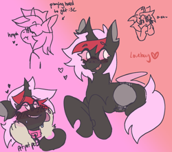 Size: 1994x1761 | Tagged: safe, artist:goblinkimg, imported from derpibooru, oc, oc:heartstring fiddler, changeling, changeling oc, collar, gradient background, heart, heart eyes, heart wings, pet changeling, pet play, petting, pink changeling, pink mane, silly, silly changeling, wingding eyes