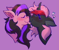 Size: 1361x1157 | Tagged: safe, artist:goblinkimg, imported from derpibooru, oc, oc only, oc:heartstring fiddler, oc:lavender honeymoon, bat pony, changeling, pony, :p, bat ears, bat pony oc, blushing, boop, changeling oc, cute, duo, eyes closed, happy, heart, kissing, love, noseboop, ocbetes, pink changeling, purple background, simple background, smiling, tongue out