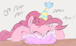 Size: 1045x637 | Tagged: safe, artist:dotkwa, imported from derpibooru, pinkie pie, earth pony, pony, cake, cute, diapinkes, eating, eyes closed, female, food, gray background, hat, mare, messy eating, nom, party hat, simple background, solo